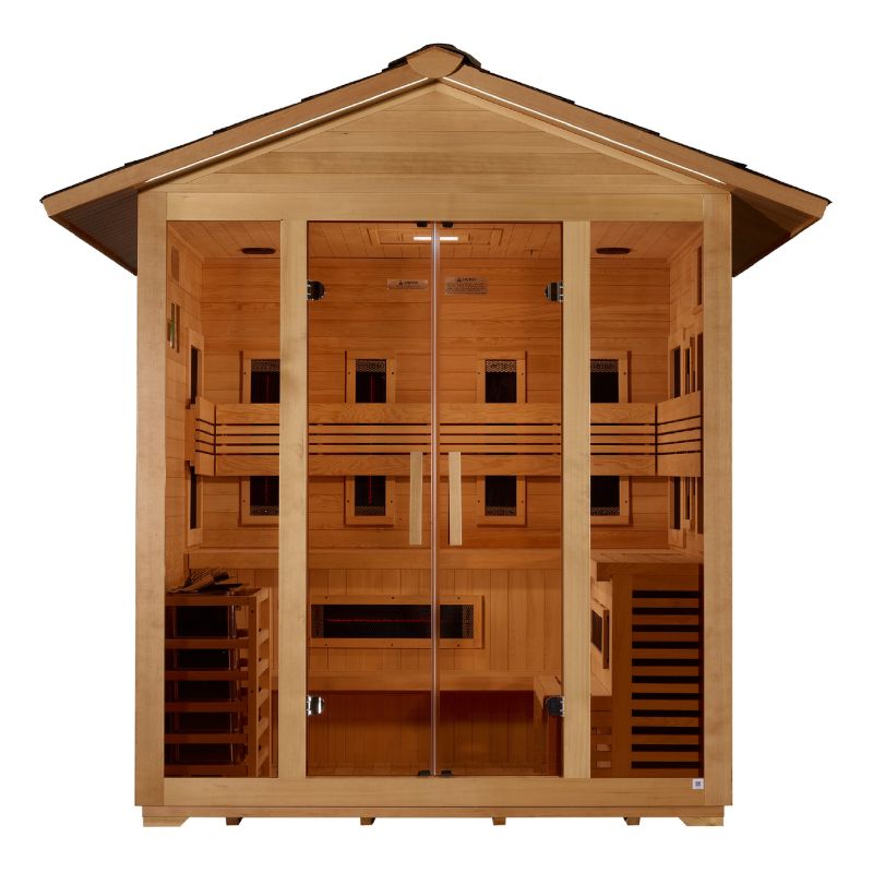 "Gargellen" 5 Person Hybrid (PureTech™ Full Spectrum IR or Traditional Stove) Outdoor Sauna - Canadian Hemlock