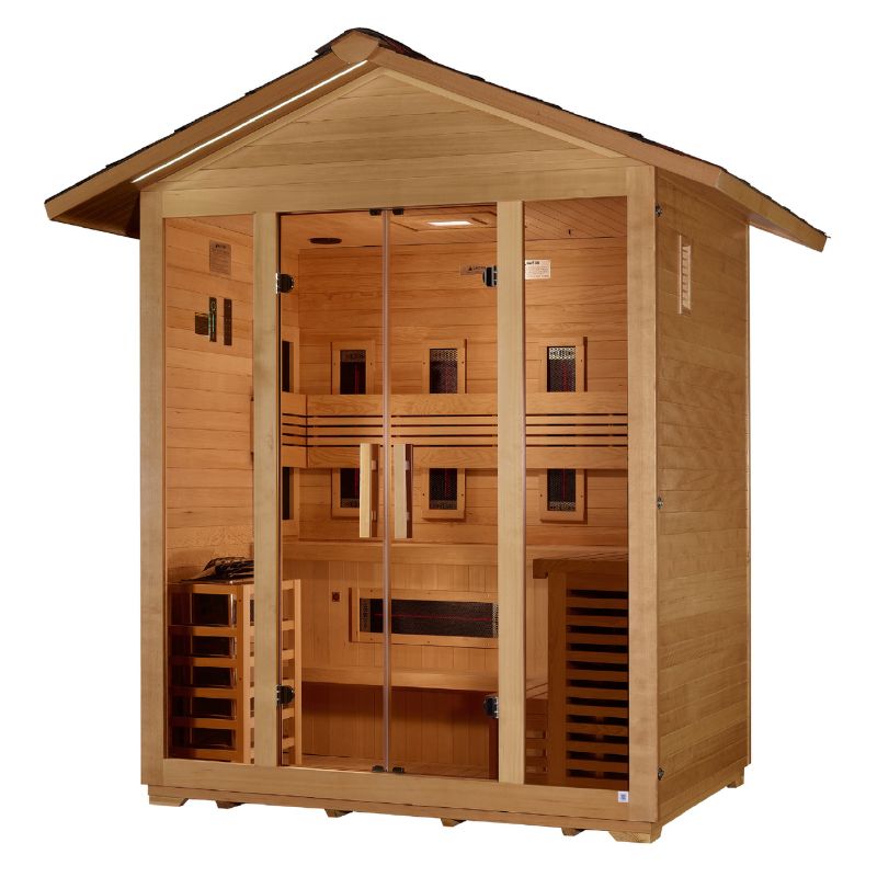 "Gargellen" 5 Person Hybrid (PureTech™ Full Spectrum IR or Traditional Stove) Outdoor Sauna - Canadian Hemlock